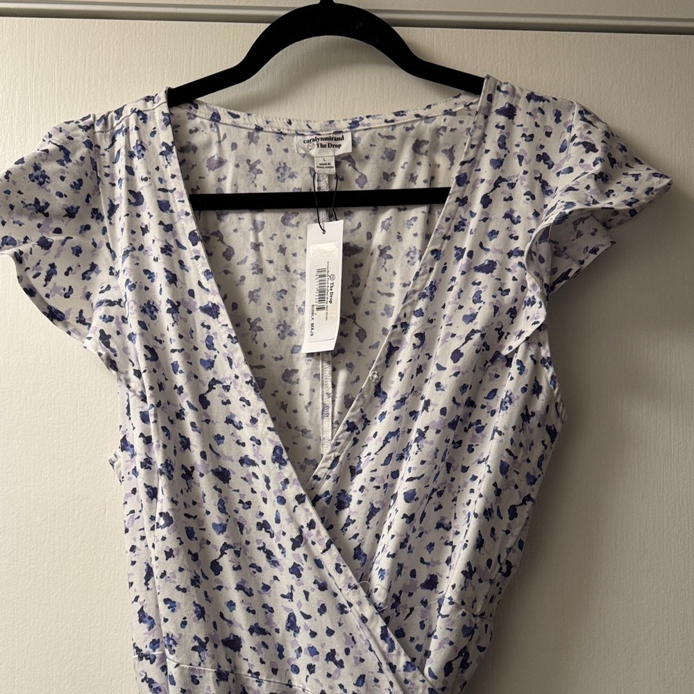 White Wrap Dress with Blue Floral Print